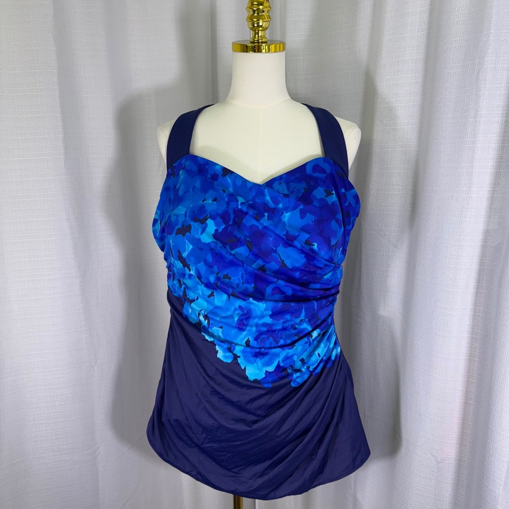 Miraclesuit One Piece Swimsuit Navy Cascade Floral Tunic Halter  UK 24W US 22W - Picture 2 of 14